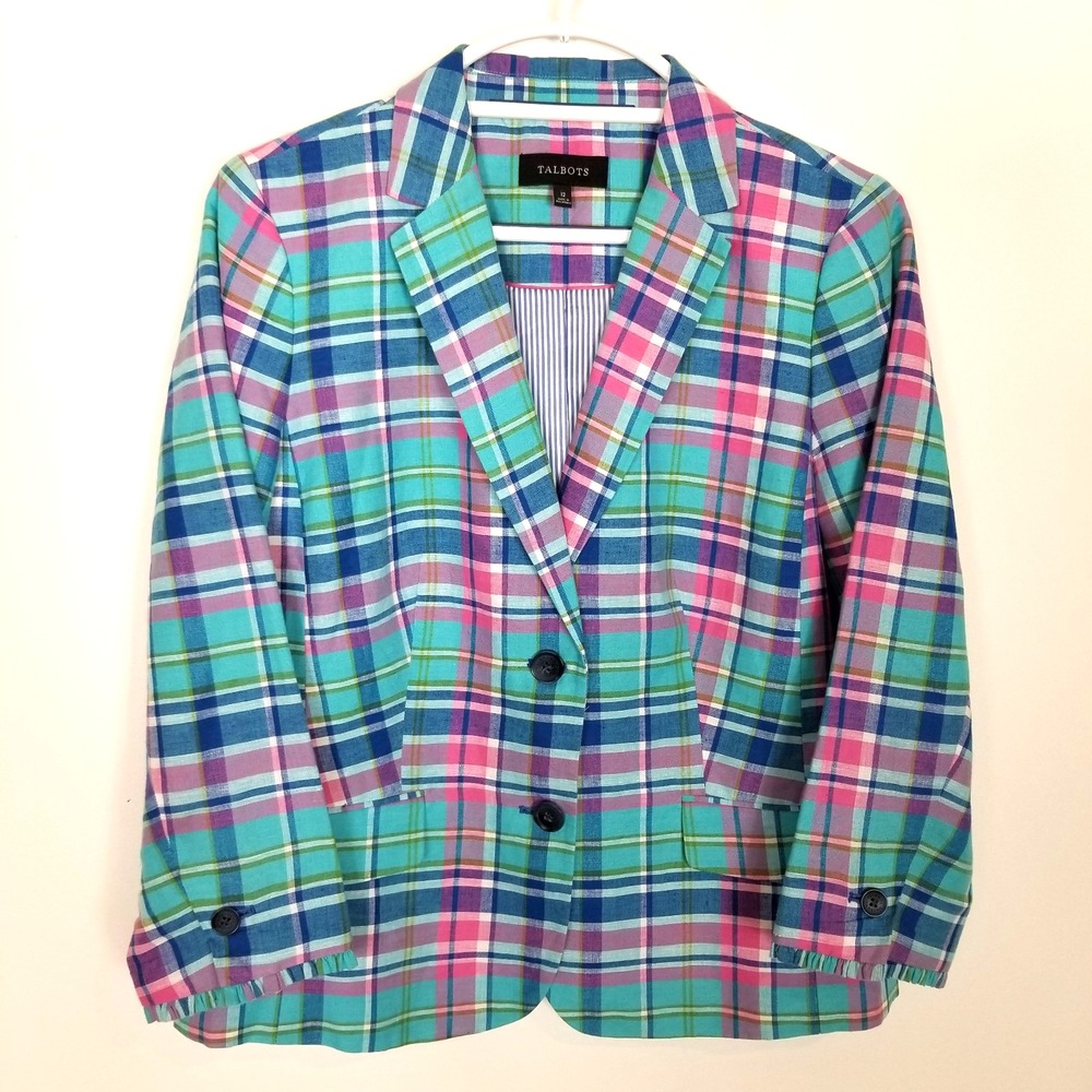 Talbots Women Classic Summer Blazer  Madras Plaid‎ Sz 12 Linen Blend Button Up